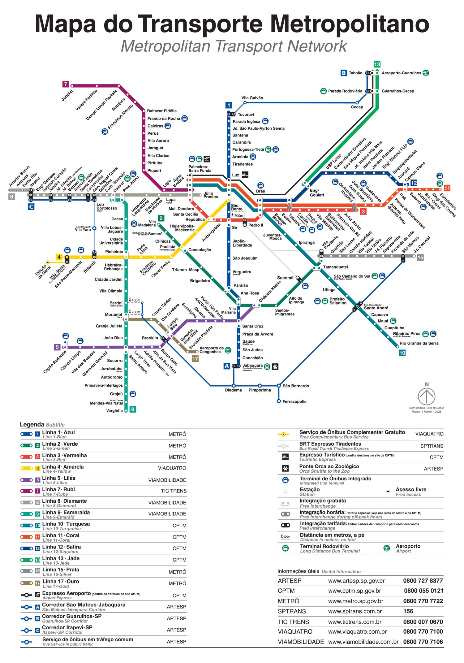 Mapa do transporte metropolitano de São Paulo: a estação AACD-Servidor, marcada em dourado, fica na Linha 5-Lilás.